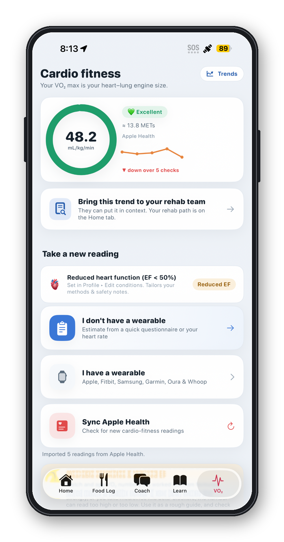 CardioNEXT Cardio Fitness screen showing a VO₂ max reading and trend