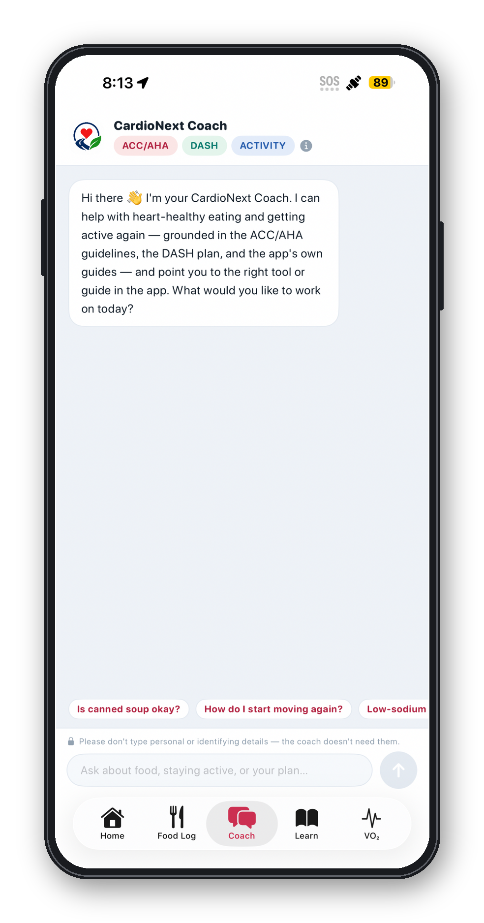 CardioNEXT Coach screen showing app-based guidance for nutrition and activity questions