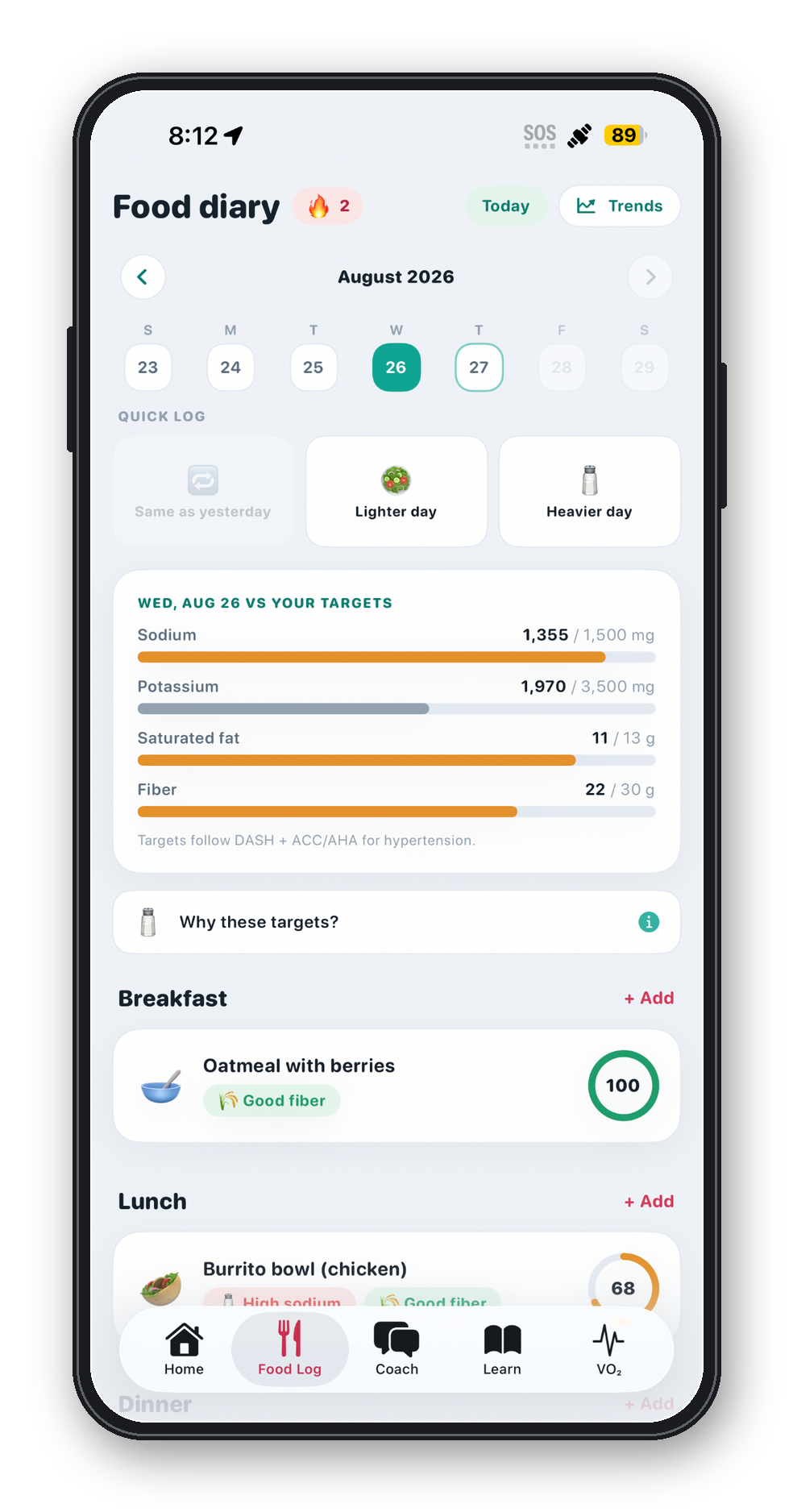 CardioNEXT Food Diary showing daily nutrition targets and logged meals