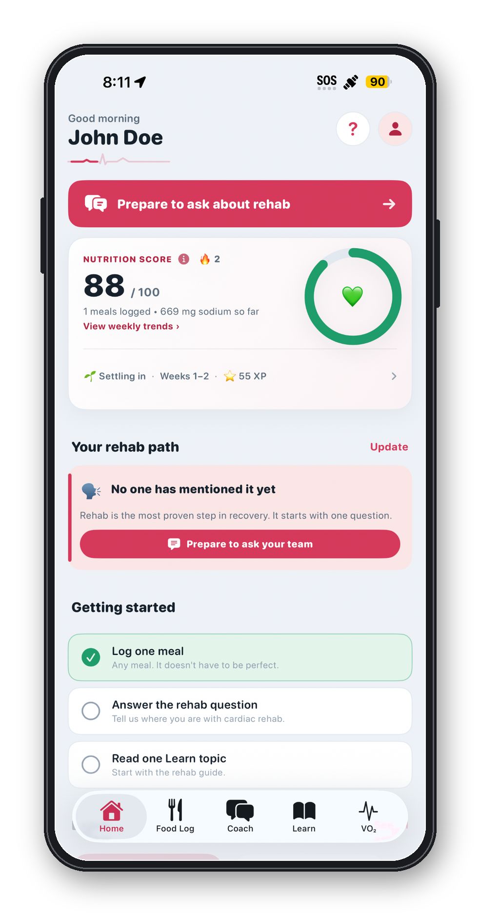 CardioNEXT Home screen showing nutrition progress and cardiac-rehab guidance