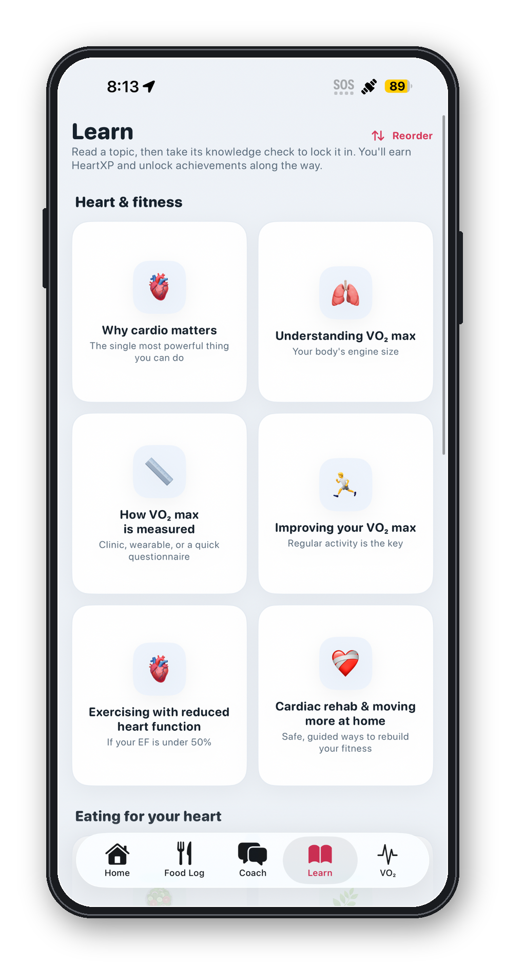 CardioNEXT Learn screen showing heart-health and cardio-fitness education topics